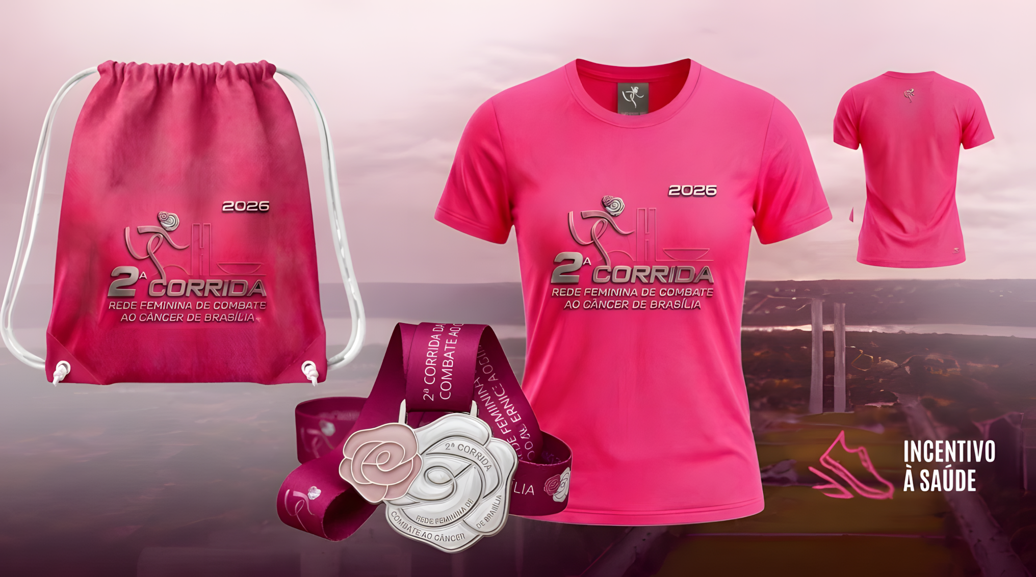 Camiseta, mochila, medalhas e demais itens do kit da 2ª Corrida da Rede Feminina de Combate ao Câncer de Brasília